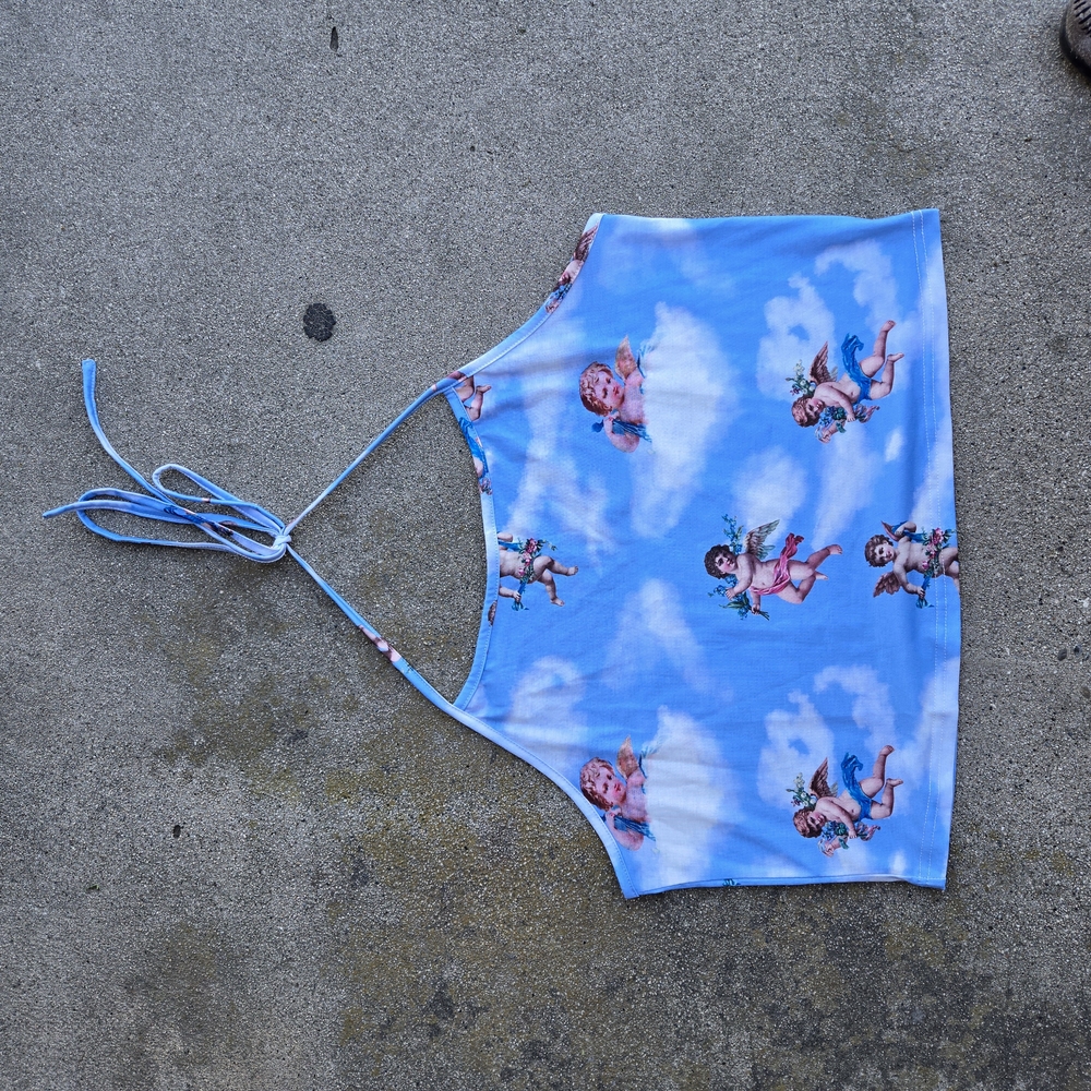 Blue Cherub Angel Print Halter Tank Top